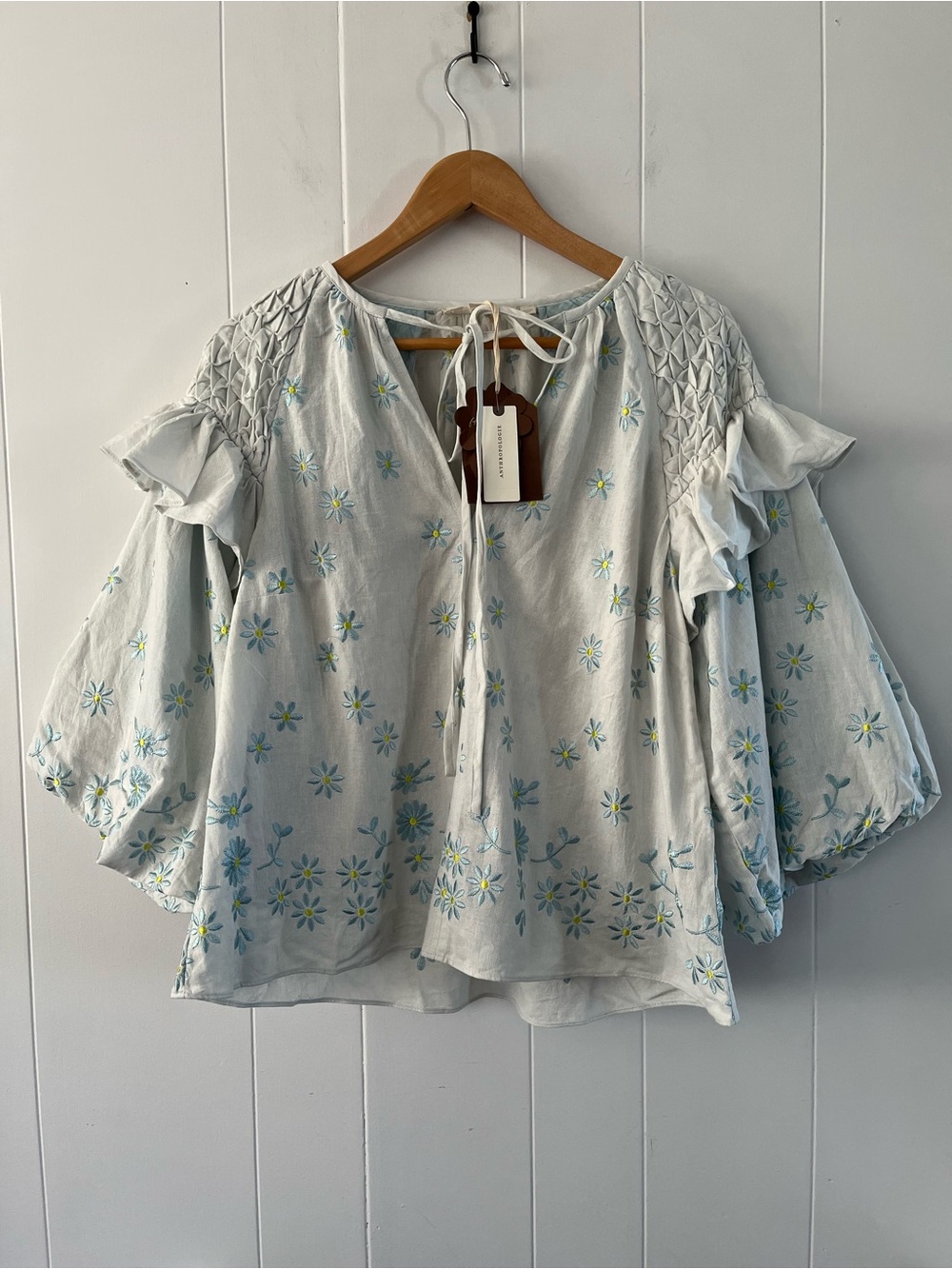NWT Forever That Girl Ruffle-Sleeve Smocked Linen Blouse Anthropologie Flowers - Picture 3 of 12